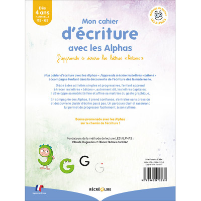 Cahier d'écriture lettres bâtons Alphas - Éditions Récréalire