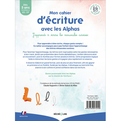 Cahier d'écriture minuscules cursives Alphas - Éditions Récréalire