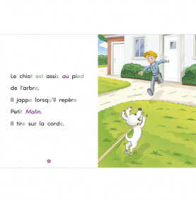 page intérieure texte d'un côté illustration de l'autre Petit Malin court vers un petit chien