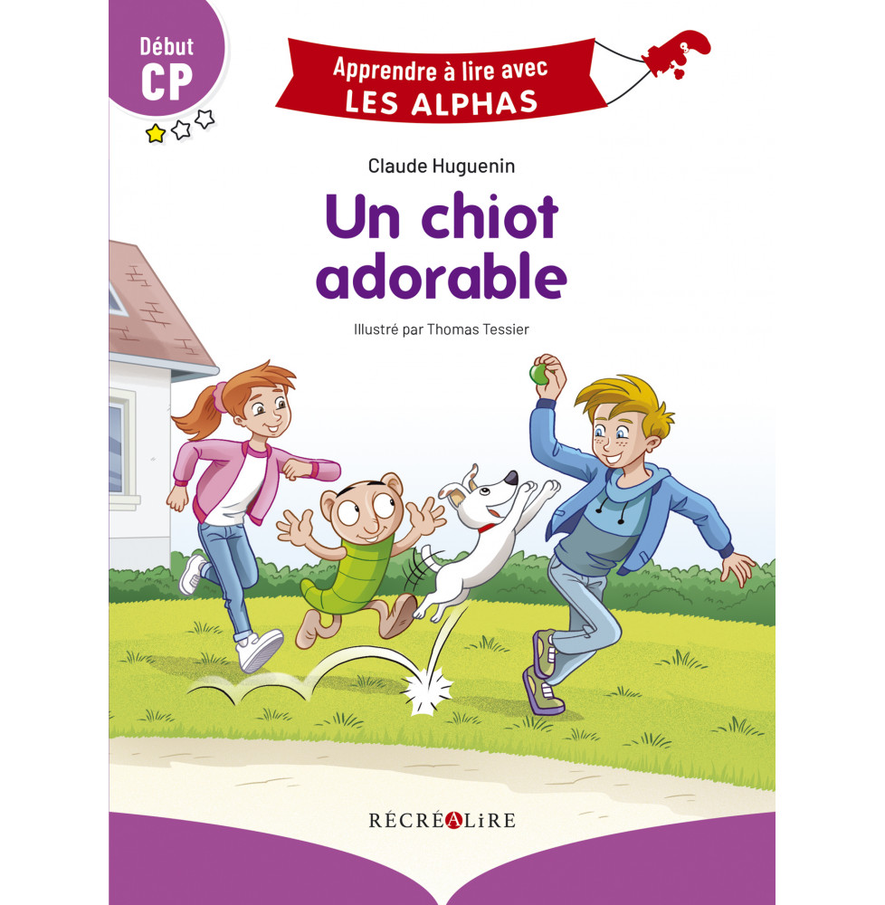 Première de couverture d'un chiot adorable où Petit Malin Noémie et le gulu jouent avec un petit chien blanc