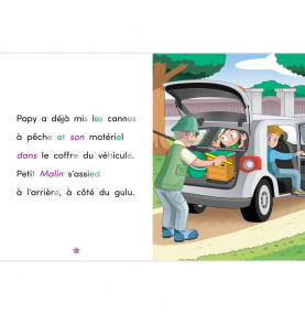 page intérieure texte d'un côté illustration de l'autre papy charge la voiture avec le matériel de pêche