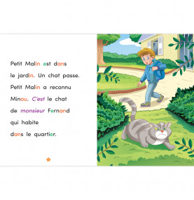 Page intérieure texte d'un côté illustration de l'autre Petit Malin voit un chat