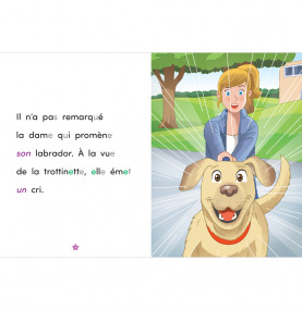 page intérieure texte d'un côté illustration de l'autre où un chien surgit dans l'image