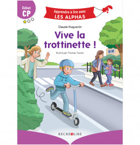 Première de couverture de Vive la trottinette où Petit Malin fait de la trottinette sur le trottoir