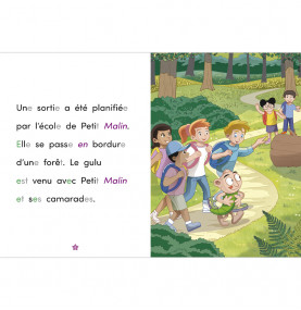 page intérieure texte d'un côté illustration de l'autre où Petit Malin, ses amis et le gulu se baladent en forêt