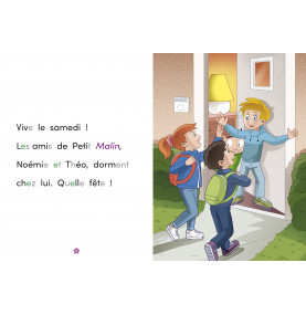 page intérieure texte d'un côté illustration de l'autre Petit Malin accueille ses amis chez lui