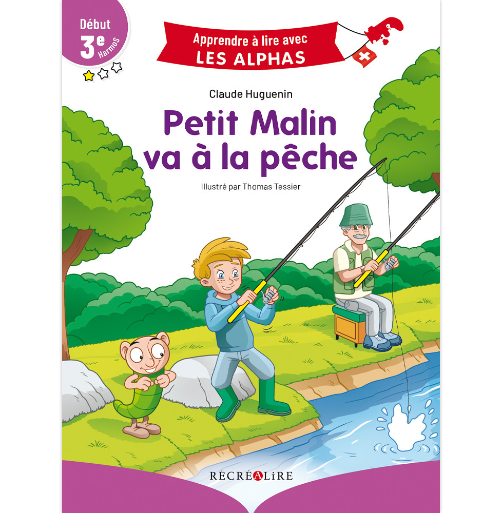 Première de couverture du livre Petit Malin va à la pêche où Petit Malin, le gulu et papy pêchent au bord de l'eau