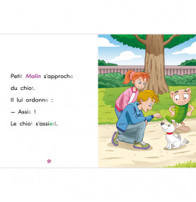 page intérieure texte d'un côté illustration de l'autre où Petit Malin, Noémie et le Gulu rencontrent un chiot