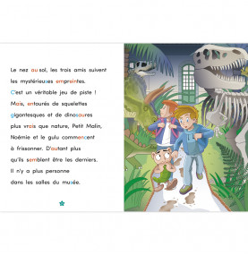 Page intérieure avec texte d'un côté et illustration de l'autre, Petit Malin et ses amis suivent de mystérieuses traces de pas