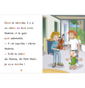 Page intérieure avec texte d'un côté et illustration de l'autre, Petit Malin montre le violon de Mamie à ses amis