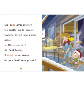 Page intérieure avec texte d'un côté et illustration de l'autre, Petit Malin et le gulu sortent les sablés sur le balcon.