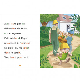 Page intérieure avec texte d'un côté et illustration de l'autre, Petit Malin et papy ramènent des fruits et légumes