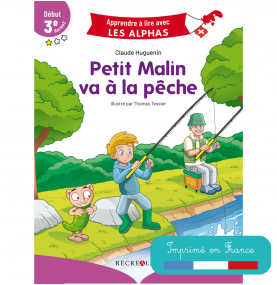 Première de couverture du livre Petit Malin va à la pêche avec vignette imprimé en France