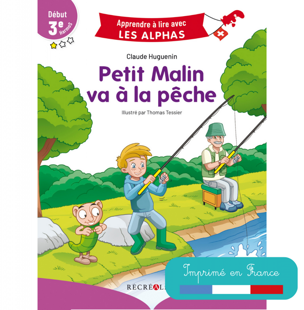 Première de couverture du livre Petit Malin va à la pêche avec vignette imprimé en France